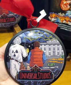 Universal Studios Florida Retro Logo Round Metal Holiday Ornament w/ Red Bow Back to the Future