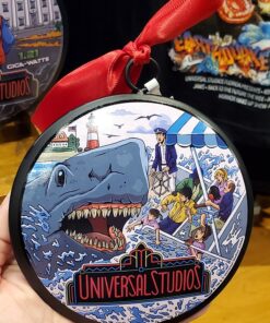 Universal Studios Florida Retro Logo Round Metal Holiday Ornament w/ Red Bow Jaws Shark