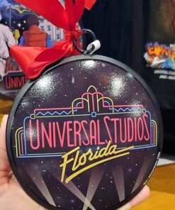 Universal Studios Florida Retro Logo Round Metal Holiday Ornament w/ Red Bow Neon USF Logo