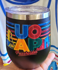 UOAP Universal Studios Parks Orlando Florida Annual Passholder Neon Letters Wine Tumbler with Lid