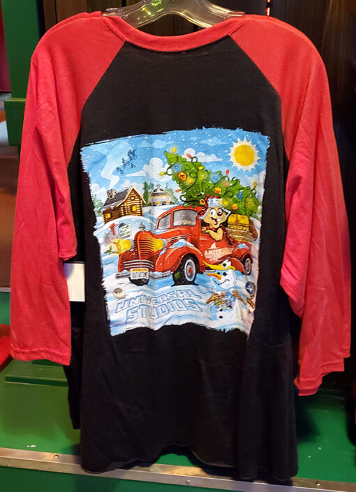 Earl the Squirrel Universal Studios Parks Winter Holiday Red Raglan "Easter Egg" Artwork T-Shirt